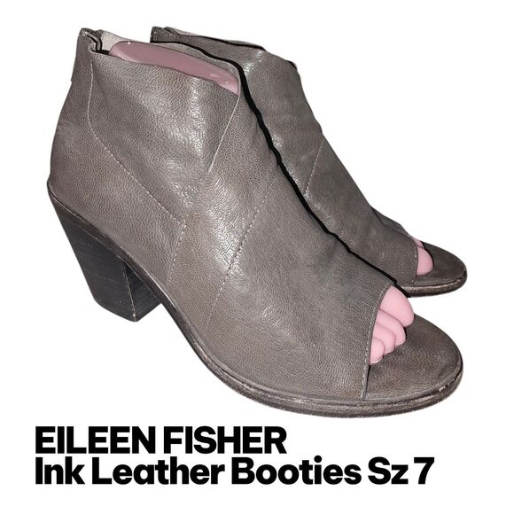 EILEEN FISHER Sz7 Ink Gray Distressed Leather Peep Toe Heel Zipper Ankle Booties - Picture 10 of 10